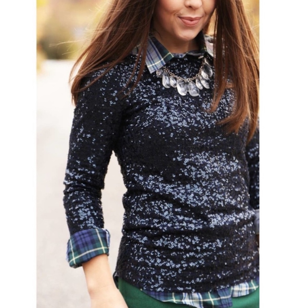 J. Crew Black Glimmer Sequin Long Sleeve Top Large Holiday Party Career Office